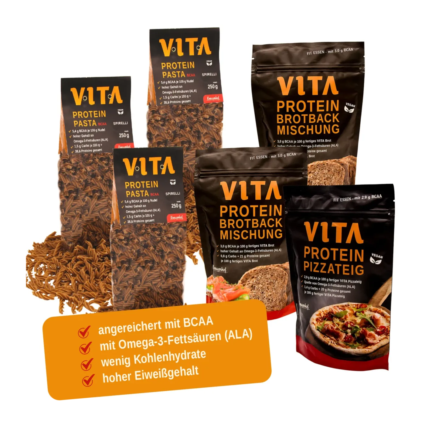 VITA Protein BCAA Starterpaket:  3 Pasta, 2 Brotbackmischung, 1 Pizzabackmischung