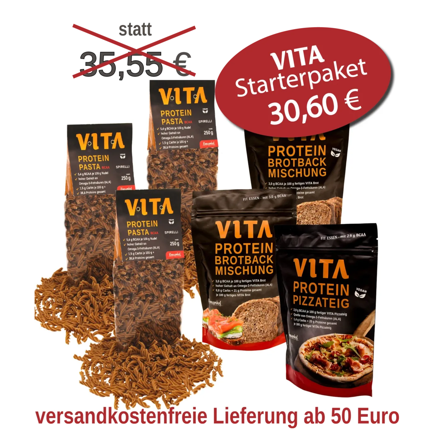 VITA Protein BCAA Starterpaket:  3 Pasta, 2 Brotbackmischung, 1 Pizzabackmischung