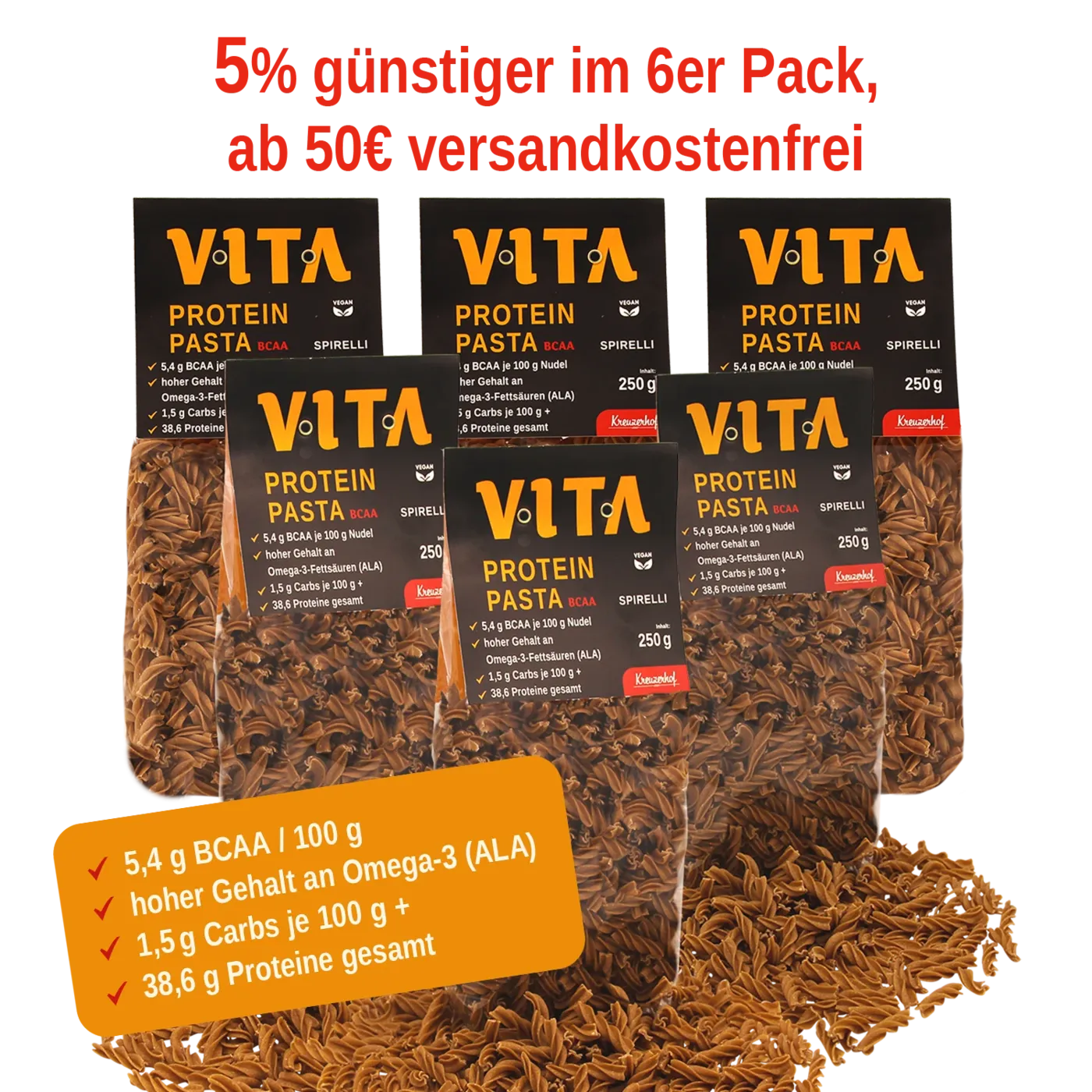 3x VITA Protein Pasta BCAA Spirelli 2x VITA Protein Brotbackmischung 1 x VITA Protein Pizzabackmischung